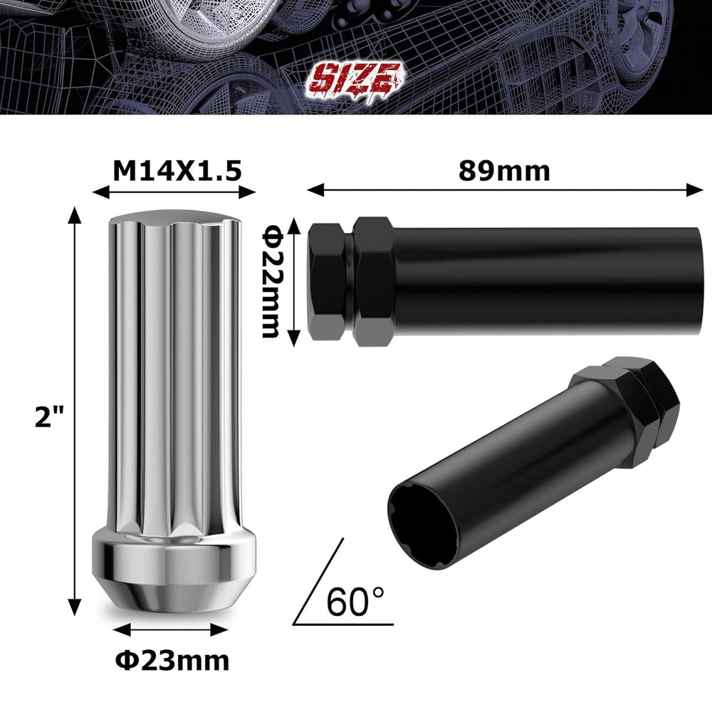 Richeer M14x1.5 Lug Nuts, 32PCS Spline Acorn, Closed End for Trucks & SUVs - Chrome