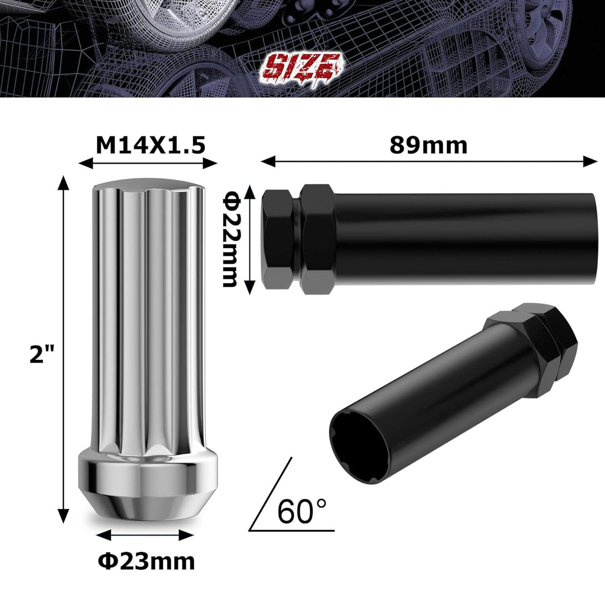 Richeer M14x1.5 Lug Nuts, 32PCS Spline Acorn, Closed End for Trucks & SUVs - Chrome