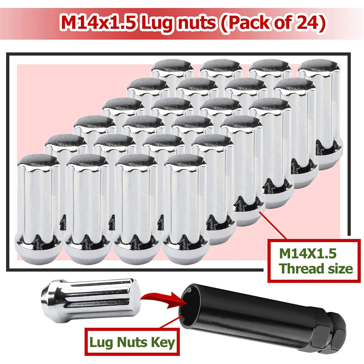 Richeer M14x1.5 Lug Nuts, 24PCS Bulge Acorn, Closed End for Trucks & SUVs - Chrome
