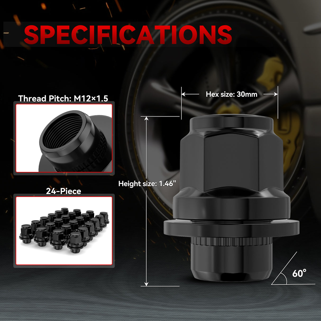 Richeer M12x1.5 Lug Nuts, 24PCS Bulge Acorn, Closed End for Trucks & SUVs - Black