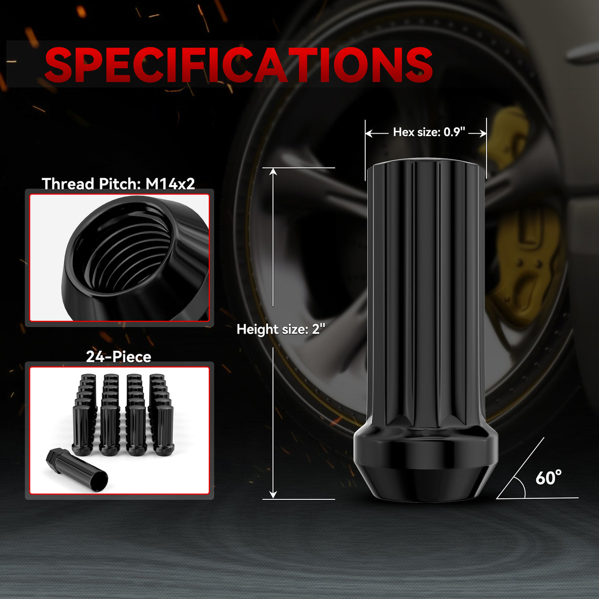 Richeer M14x2 Lug Nuts, 24PCS Spline Acorn, Closed End for Trucks & SUVs - Black