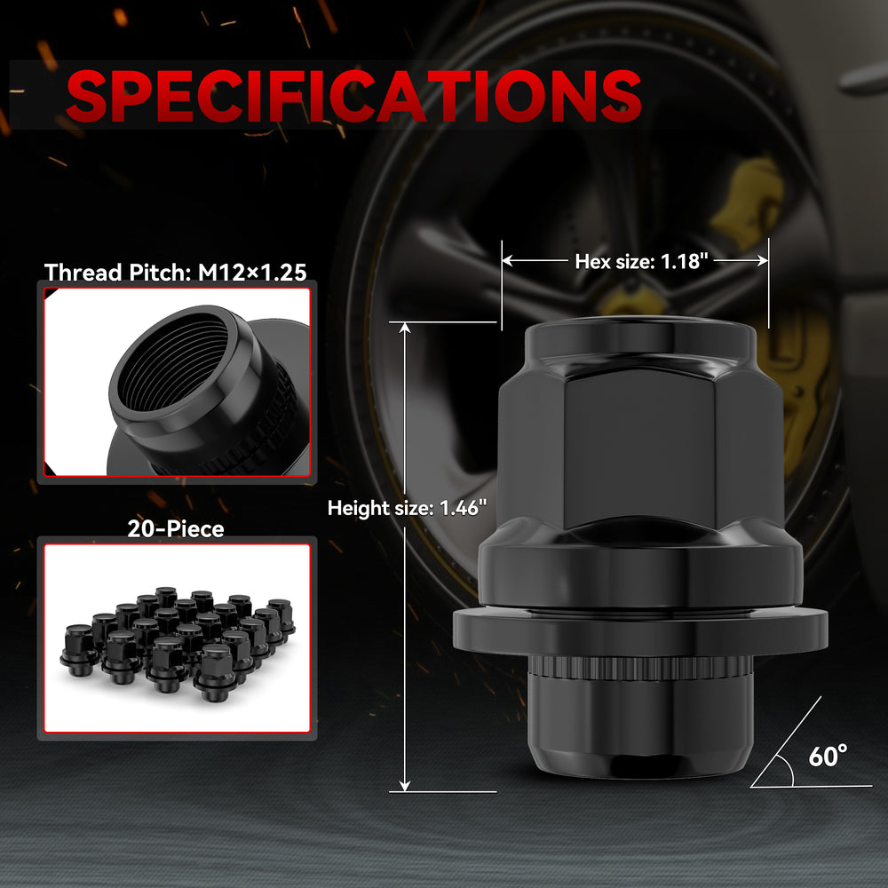 Richeer M12x1.25 Lug Nuts, 20PCS Bulge Acorn, Closed End for Trucks & SUVs - Black