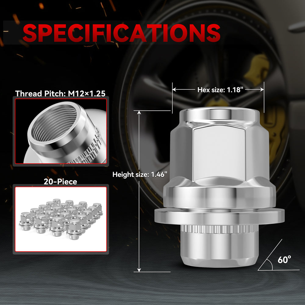 Richeer M12x1.25 Lug Nuts, 20PCS Bulge Acorn, Closed End for Trucks & SUVs - Chrome