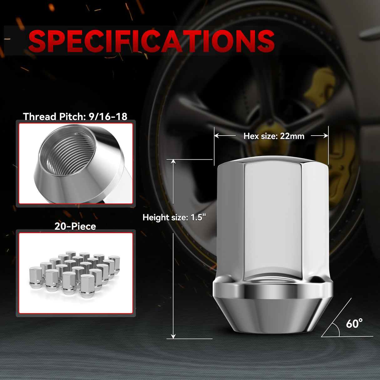 Richeer 9/16-18 Lug Nuts, 20PCS Bulge Acorn, Closed End for Trucks & SUVs - Chrome