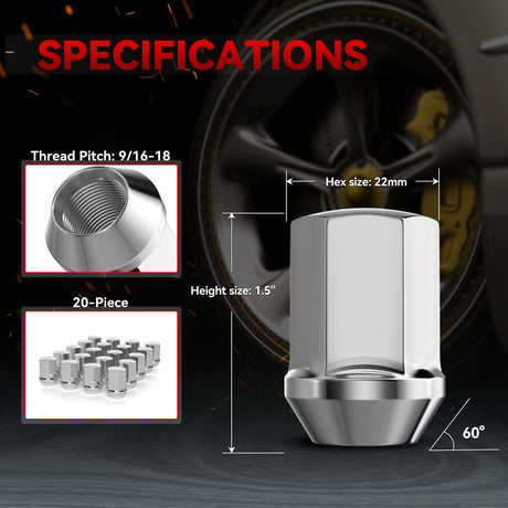 Richeer 9/16-18 Lug Nuts, 20PCS Bulge Acorn, Closed End for Trucks & SUVs - Chrome