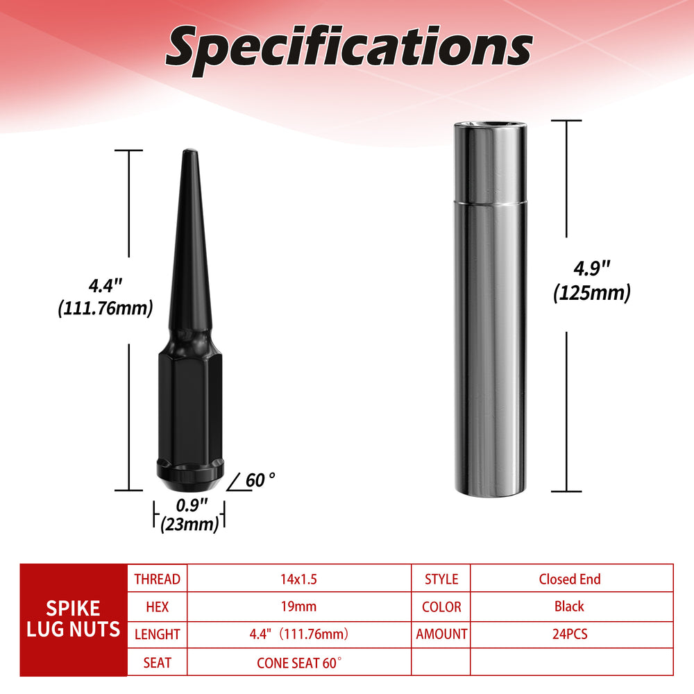 Richeer M14x1.5 Lug Nuts, 20PCS Spike, Closed End for Trucks & SUVs - Black