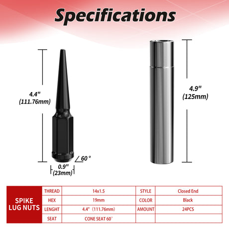 Richeer M14x1.5 Lug Nuts, 20PCS Spike, Closed End for Trucks & SUVs - Black