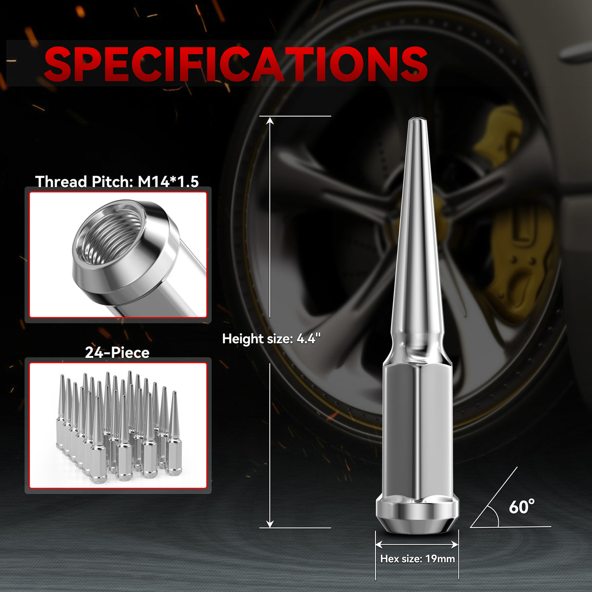 Richeer M14x1.5 Lug Nuts, 24PCS Spike, Closed End for Trucks & SUVs - Chrome