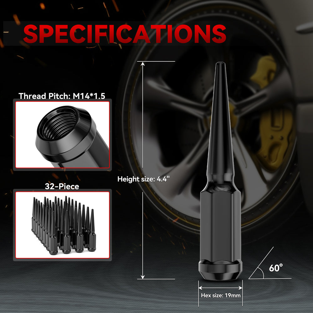 Richeer M14x1.5 Lug Nuts, 32PCS Spike, Closed End for Trucks & SUVs - Black