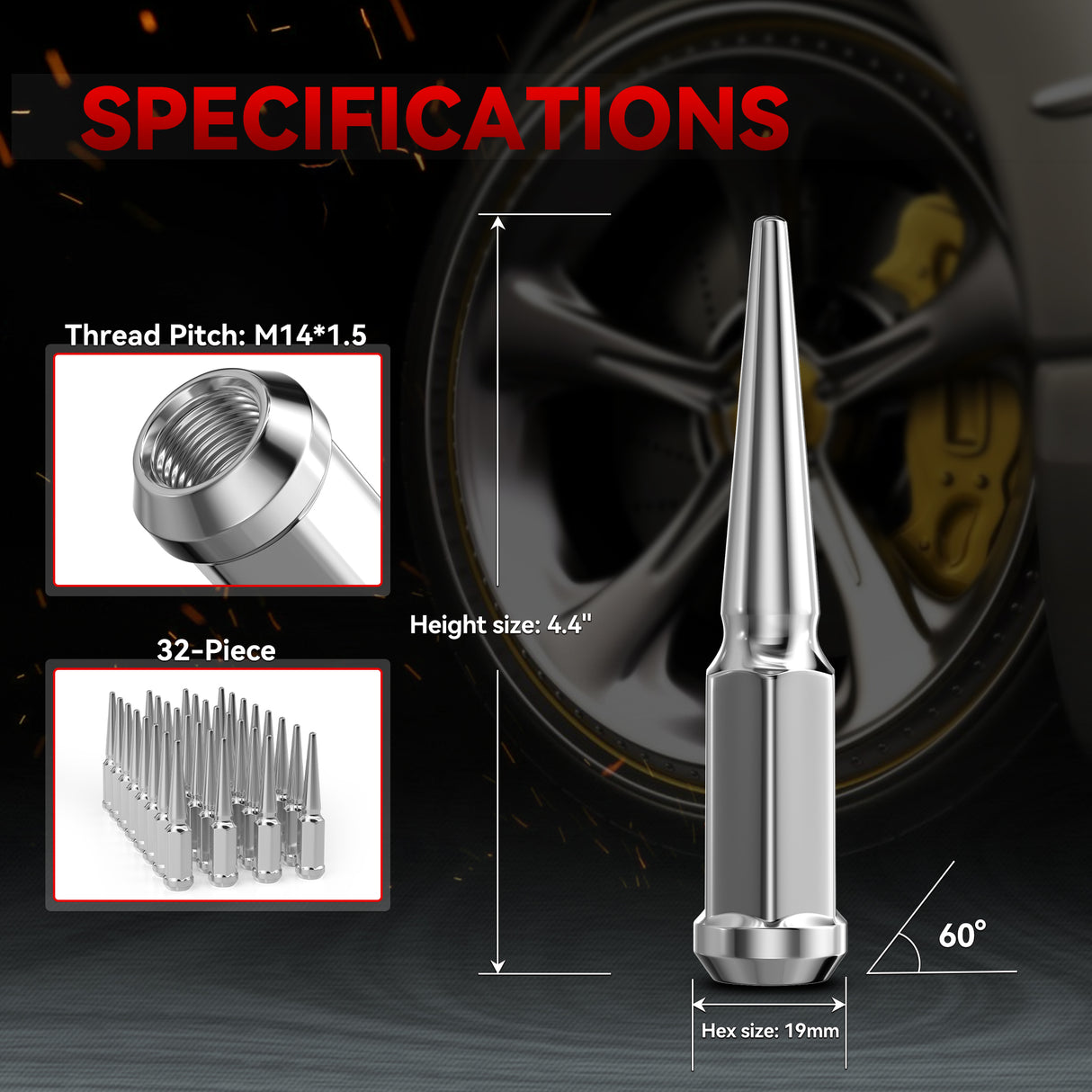 Richeer M14x1.5 Lug Nuts, 32PCS Spike, Closed End for Trucks & SUVs - Chrome