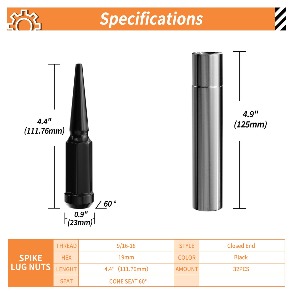 Richeer 9/16-18 Lug Nuts, 32PCS Spike, Closed End for Trucks & SUVs - Chrome