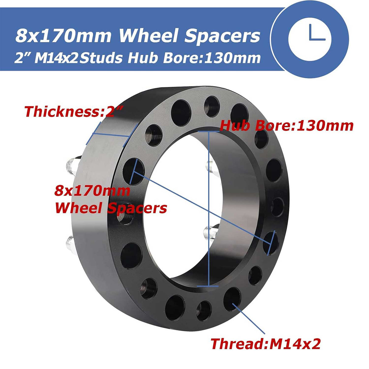 Richeer 8x170mm M14×2.0 Wheel Spacers Fits 1999-2004 Ford F250 F350 Super Duty| Single Rear Wheel | Dual Rear Wheel -2" Thick Black