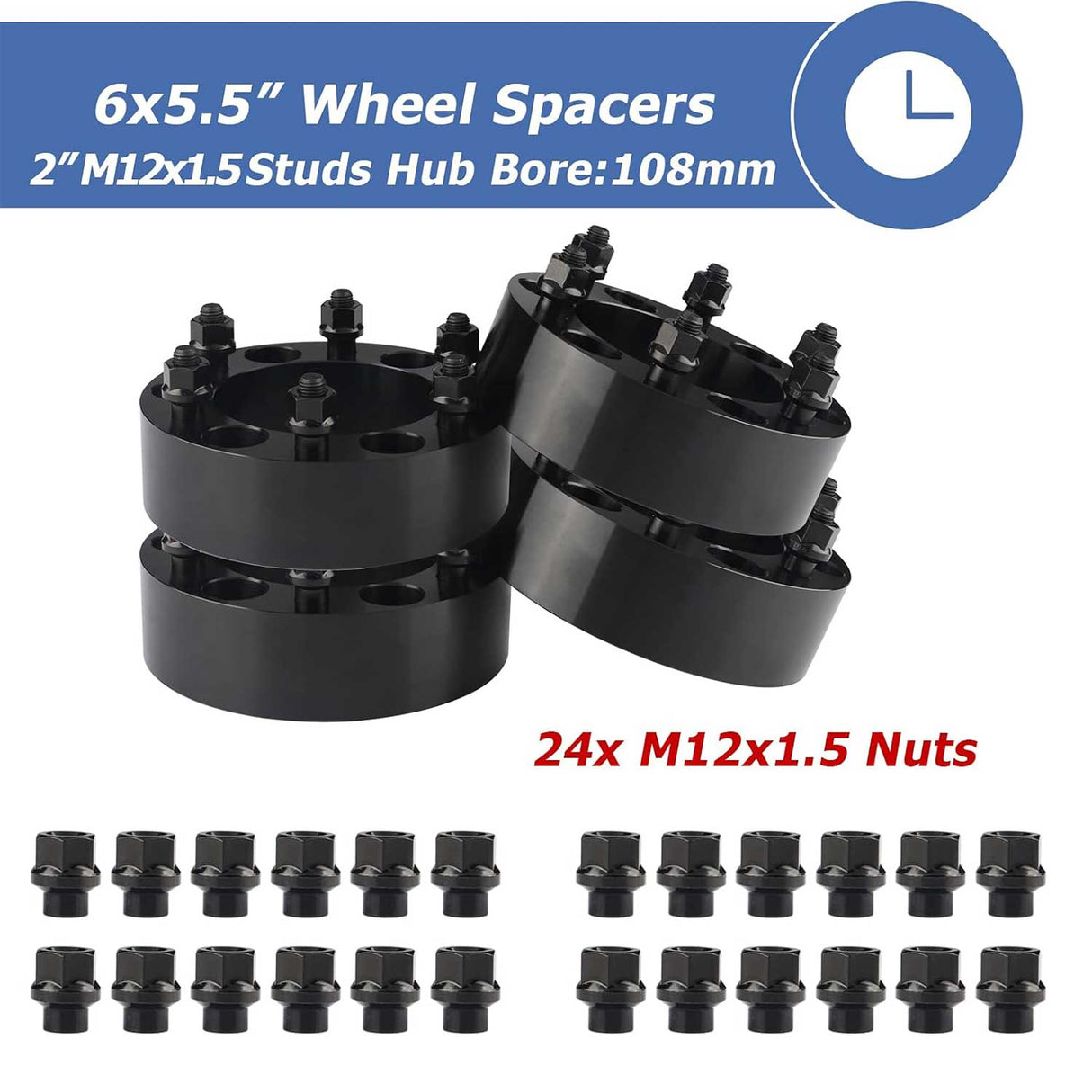 Richeer 6x5.5" Wheel Spacers for Off-Road Vehicles (Toyota, Chevy & More)-2" Thick Black