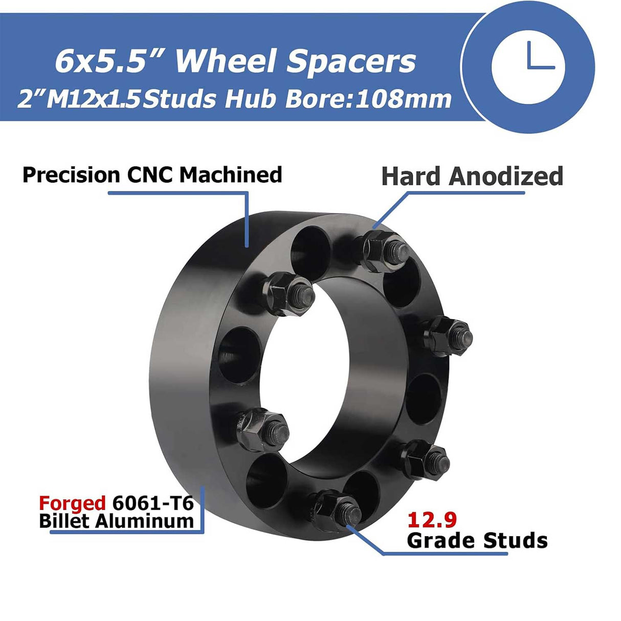 Richeer 6x5.5" Wheel Spacers for Off-Road Vehicles (Toyota, Chevy & More)-2" Thick Black