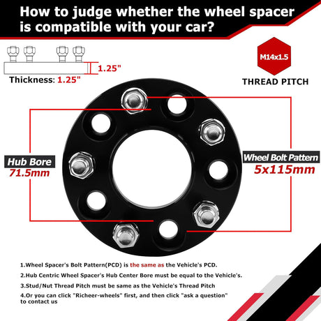 Richeer 5x115mm Hub Centric Wheel Spacers Fits 2005 + Chrysler 300 | 2005 + Dodge Challenger Charger Magnum-1.25" Thick Black