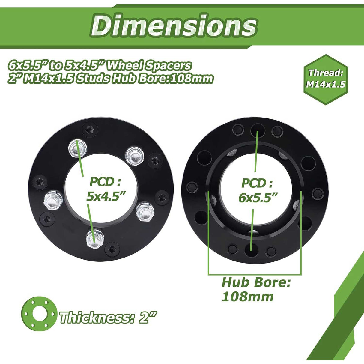 Richeer 6x5.5" to 5x4.5” Wheel Adapter for Off-Road Vehicles (GM & More)-2" Thick Black