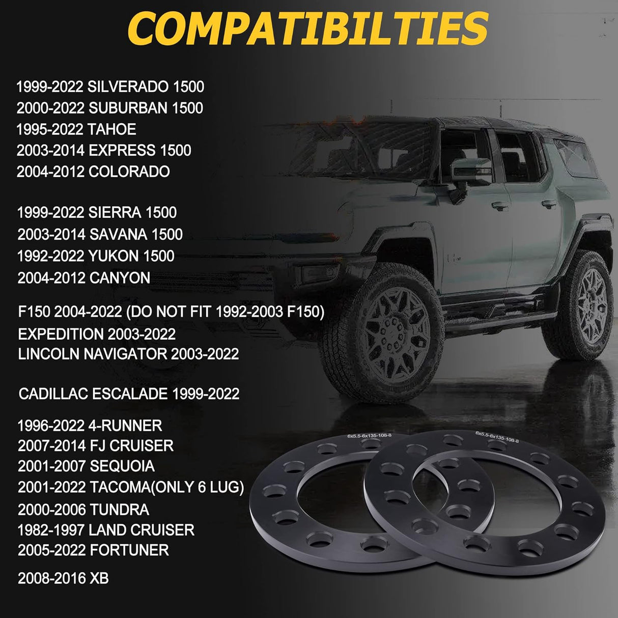 Richeer 6x5.5" 6x135mm Wheel Spacers for Off-Road Vehicles (Chevy, GMC, Ford, Toyota & More)-8MM Thick Black