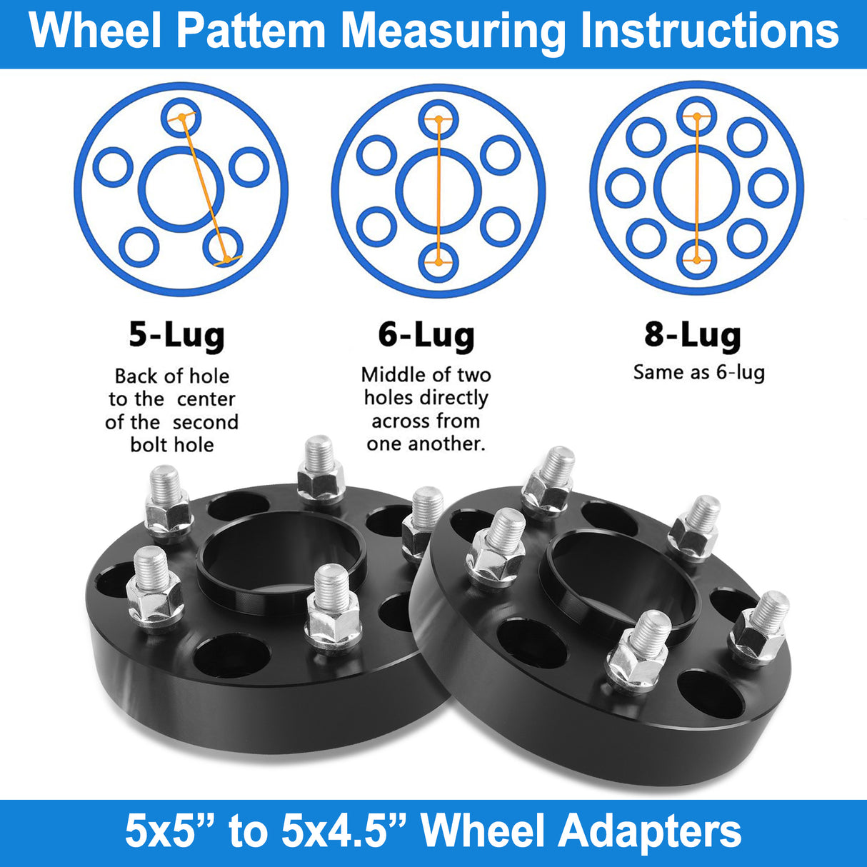 Richeer 5x5" to 5x4.5" Hub Centric Wheel Adapters for Jeep with 1/2-20 Thread Pitch