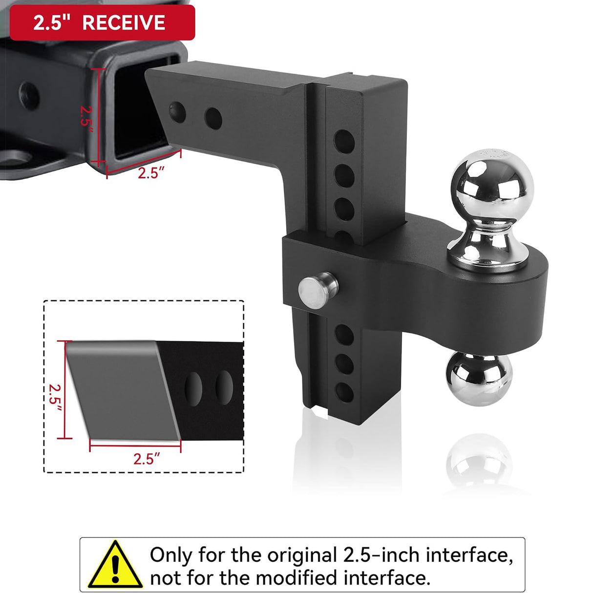 Richeer Black Adjustable Trailer Hitch, Fits 2.5" Receiver, 8" Drop/Rise Drop Hitch, 18500 LBS GTW, Tow Hitch, 2" and 2-5/16" Dual Towing Ball with Double Stainless Steel Locks