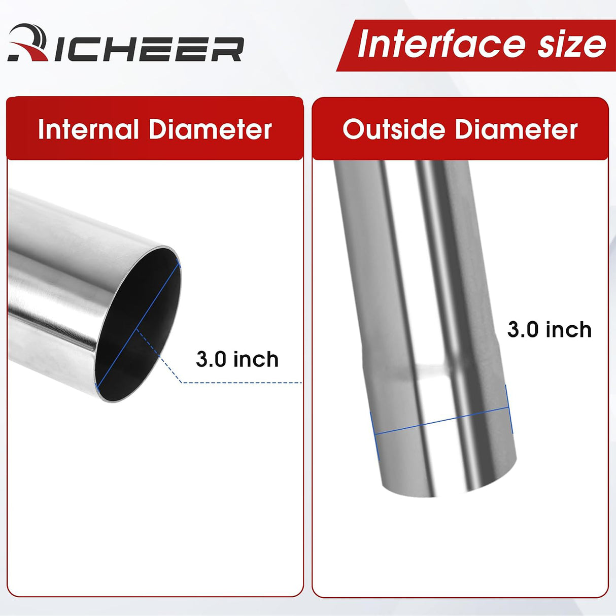 Richeer 3 Inch O.D. Stainless Steel Straight Exhaust Pipe, 47.3" Long 2PCS