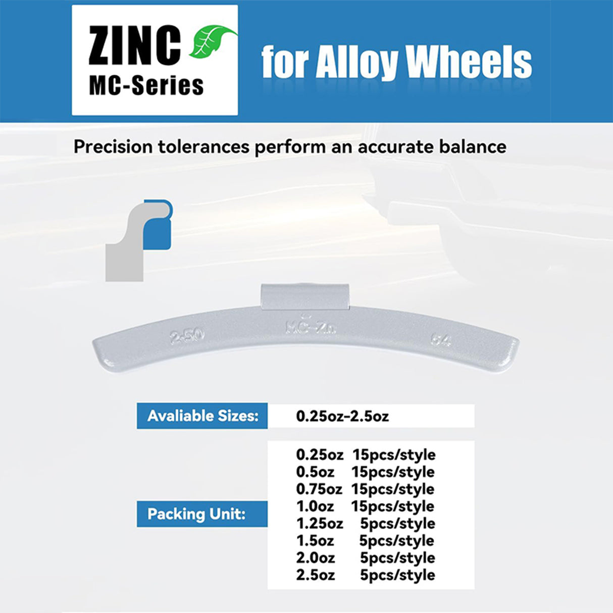 Richeer MC-Series Zinc Clip On Wheel Weights 80PCS Multi Size Assortment Kit | 4 small sizes 15pcs each,4 large sizes 5pcs each, durable iron, precise weight,tight clip,wear-resistant,reduce vibration