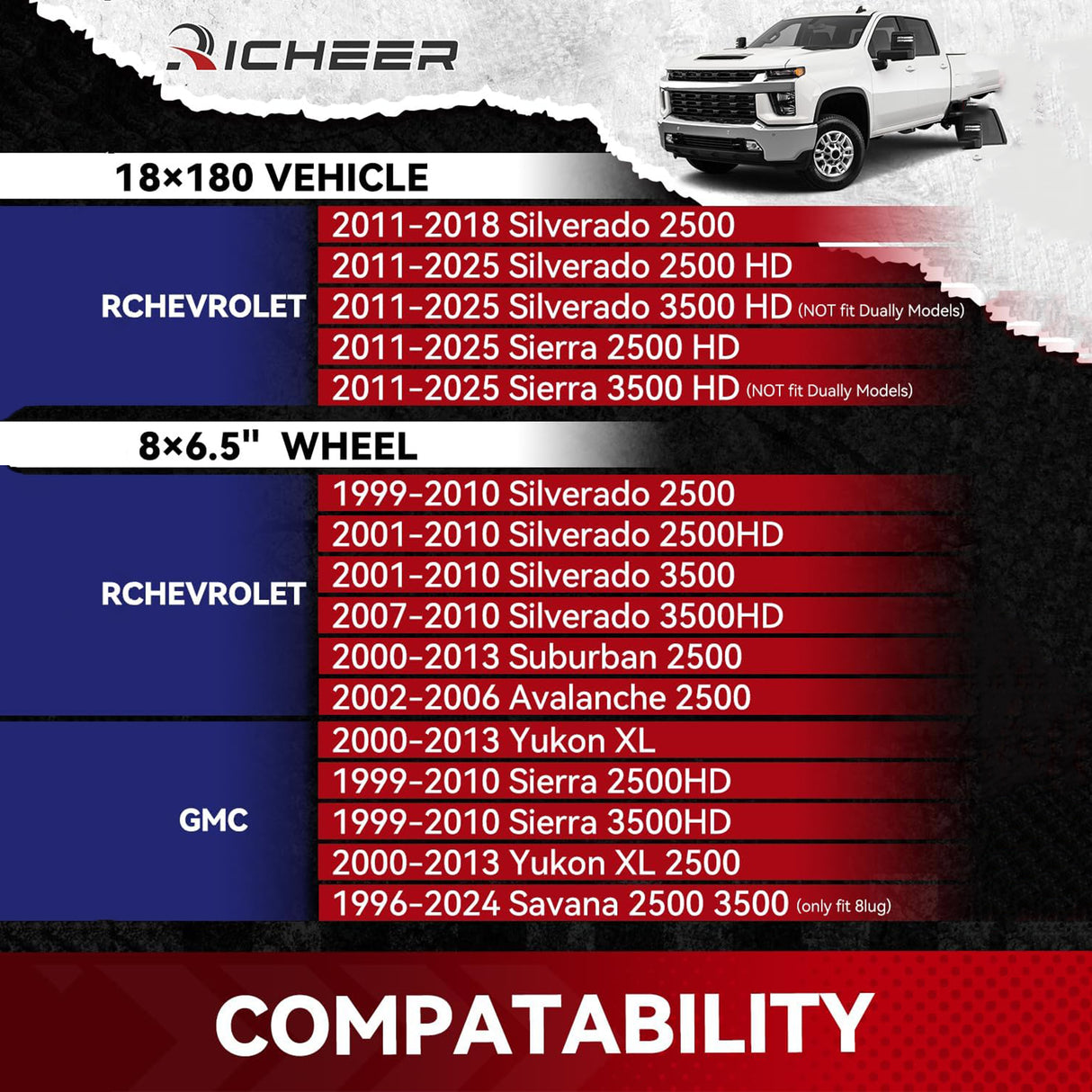 Richeer 2'' 8x180 to 8x6.5 Wheel Adapters for Silverado Sierra 2500 3500 HD（2PCS）