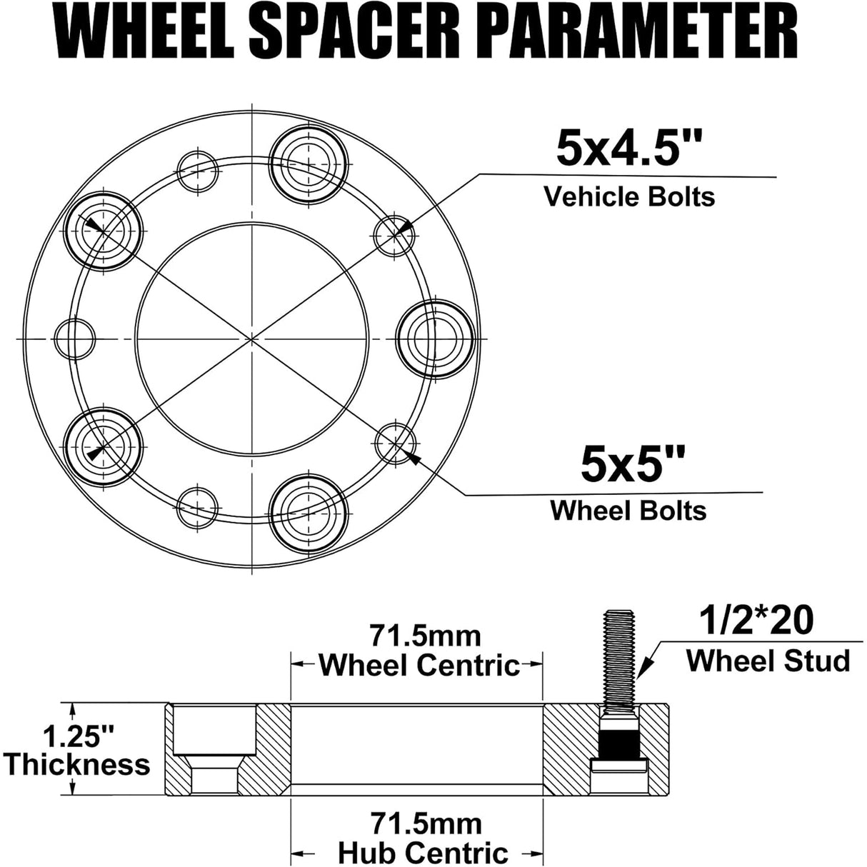 Richeer 5x4.5 to 5x5 Wheel Adapters – 1.25" Hubcentric Spacers for Jeep, Ford, Mustang, Explorer with 1/2-20 Studs & 71.5mm Bore