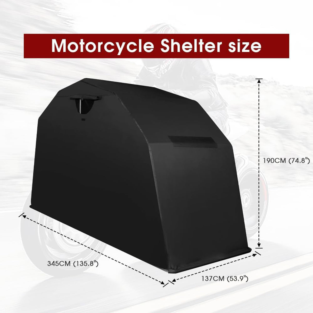 Richeer Heavy‑Duty Foldable Mo torcycle Shelter– 136"x54" x75" 600D Oxford fabric, Anti‑Rust Steel Poles, Double‑Triangle Windproof Design, Fits storing motorcycles, scooters, bicycles, electric bikes