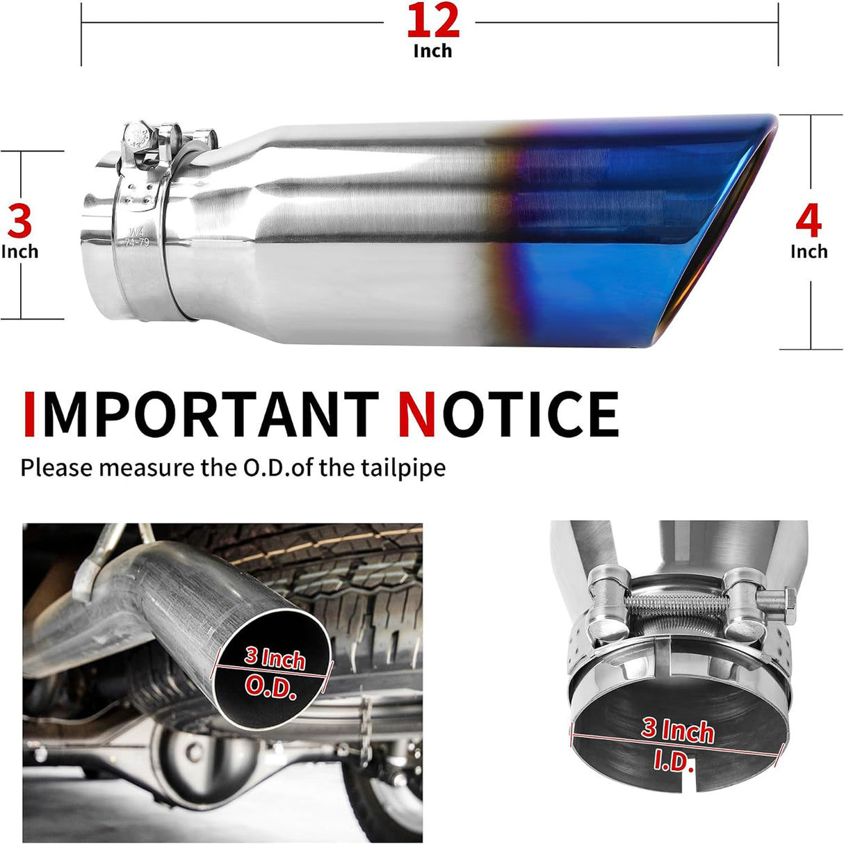 Richeer 3" Inlet Blue Burnt Exhaust Tip, 4” Outlet 12” Long Stainless Steel