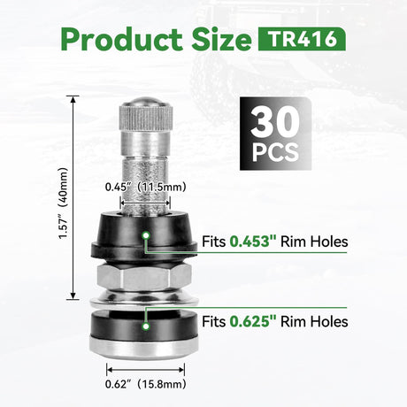 Richeer TR416 Valve Stem Kit – 20 Pack, Bolt‑in Design Fits Both 0.453″ & 0.625″ Holes, Corrosion‑Resistant for heavy-duty trucks, buses and commercial vehicles.