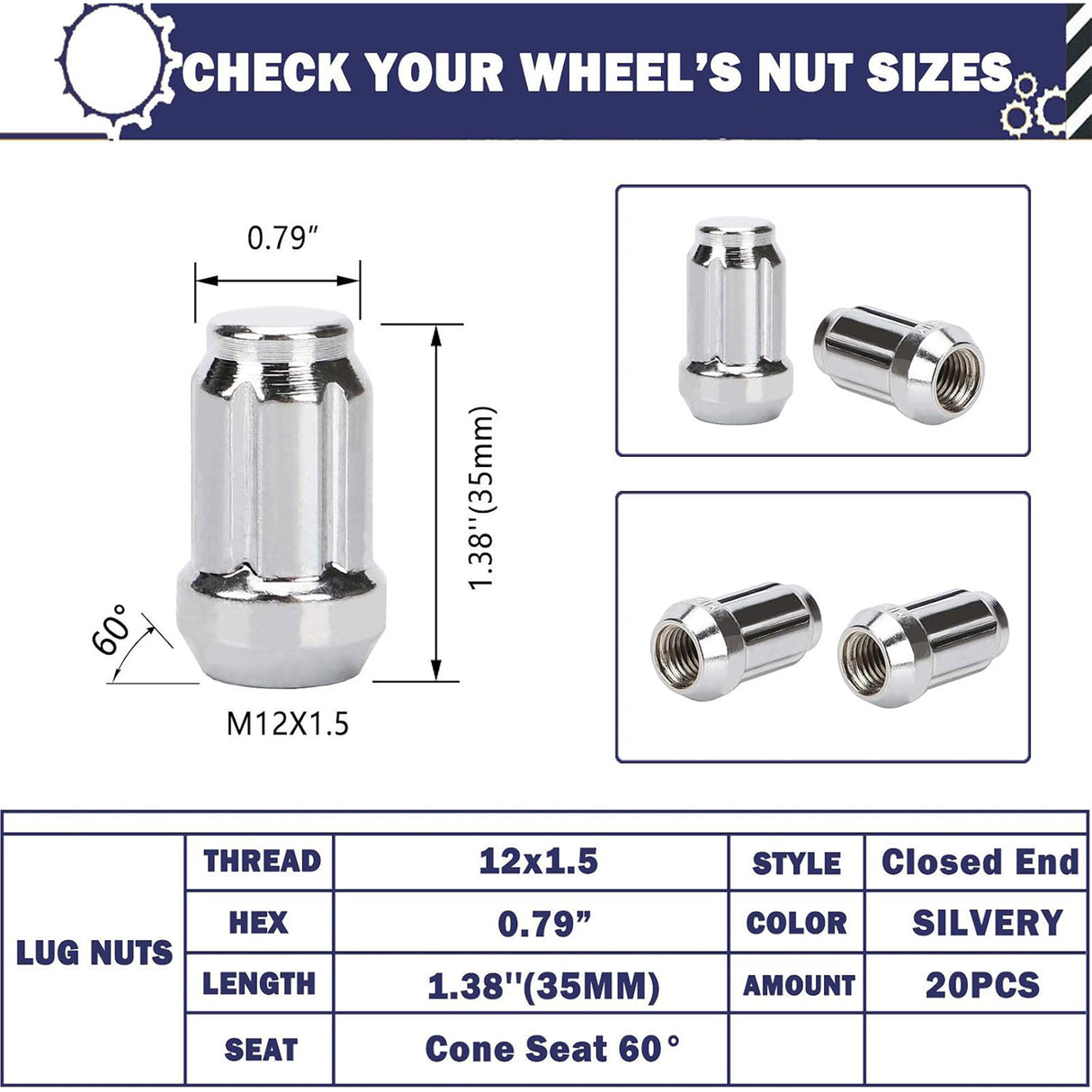 Richeer 20PCS M12x1.5 Wheel Lug Nuts, 1.38 inch Tall XL Spline Lug Nut Set Chrome Finish, 0.79" Hex, 60 Degree Conical Seat
