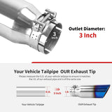 Richeer 3" Inlet Blue Burnt Exhaust Tip, 4” Outlet 12” Long Stainless Steel