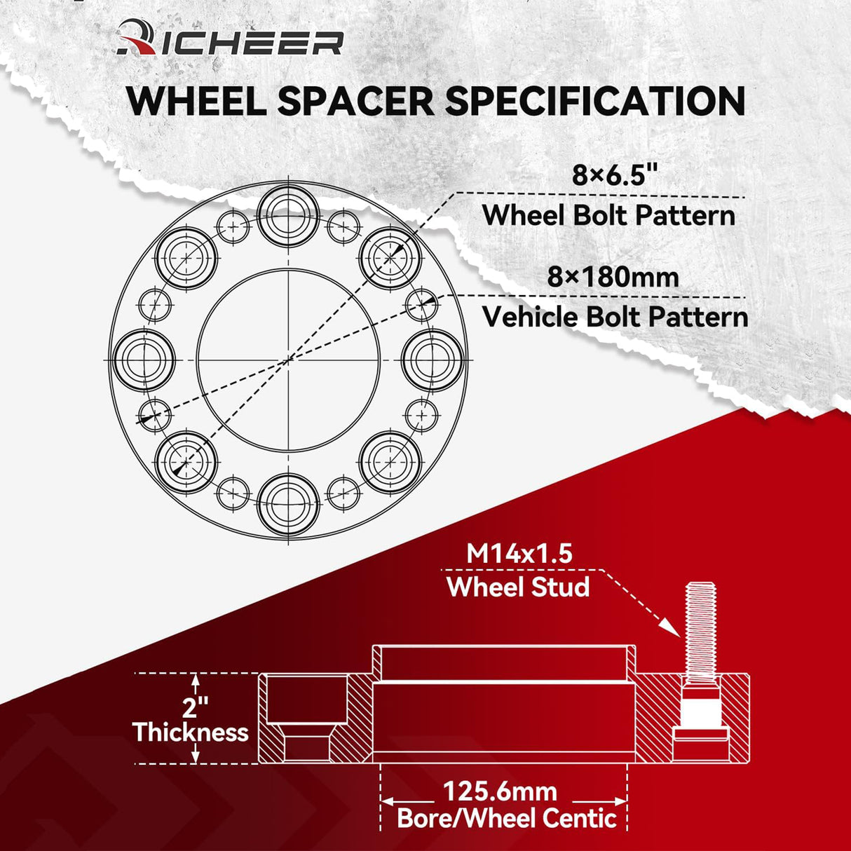 Richeer 2'' 8x180 to 8x6.5 Wheel Adapters for Silverado Sierra 2500 3500 HD（2PCS）