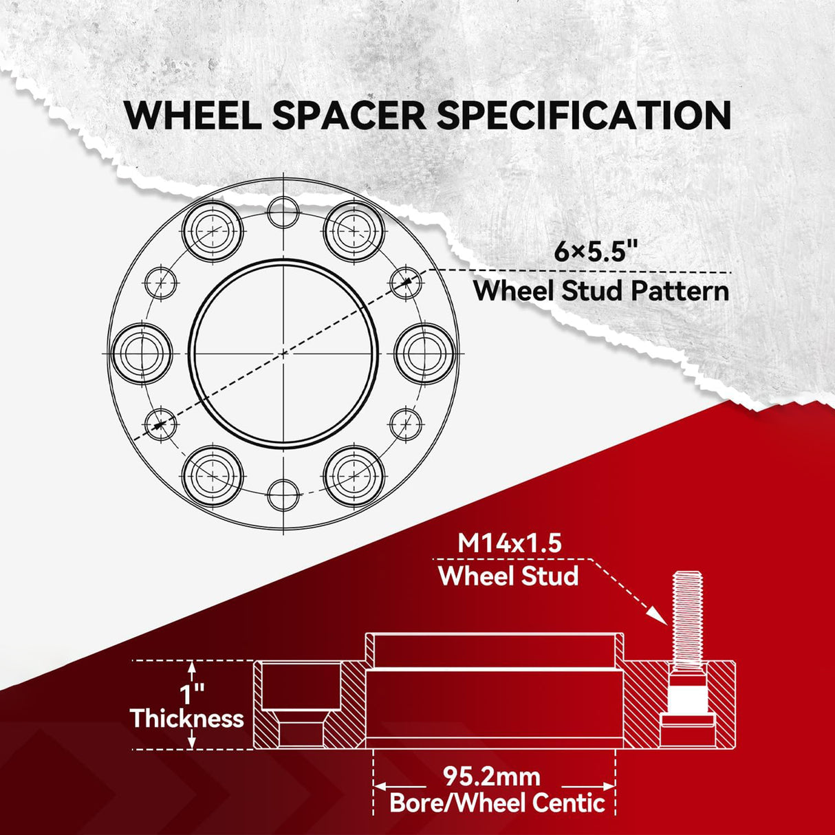 Richeer 6*5.5-6*5.5 Wheel Spacers with 14x1.5 Studs & 95.2mm Center Bore