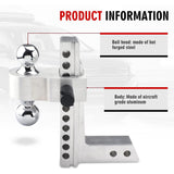 Richeer Aluminum Adjustable Trailer Hitch, Fits 2.5" Receiver, 10" Drop/Rise, 18500 LBS GTW, Dual Towing Ball with Double Locks