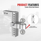 Richeer Aluminum Adjustable Trailer Hitch, Fits 2.5" Receiver, 10" Drop/Rise, 18500 LBS GTW, Dual Towing Ball with Double Locks