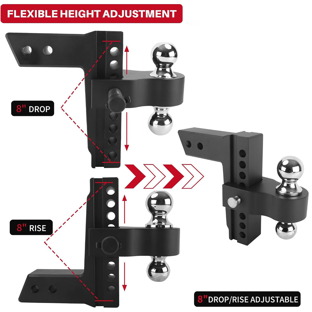 Richeer Black Adjustable Trailer Hitch, Fits 2.5" Receiver, 8" Drop/Rise Drop Hitch, 18500 LBS GTW, Tow Hitch, 2" and 2-5/16" Dual Towing Ball with Double Stainless Steel Locks