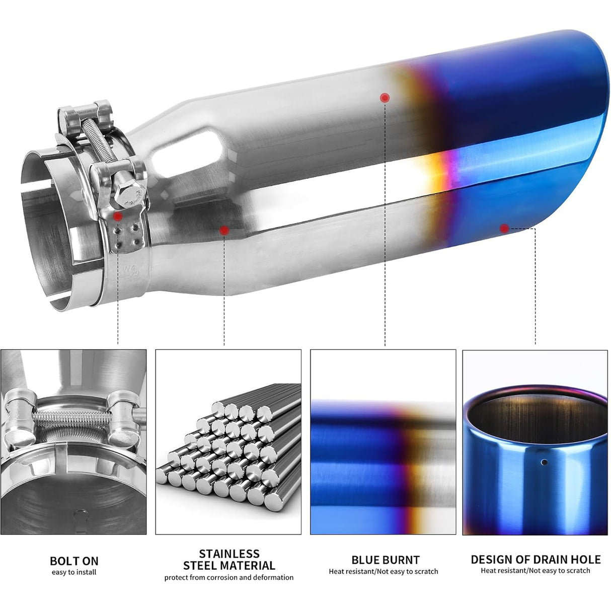 Richeer 3" Inlet Blue Burnt Exhaust Tip, 4” Outlet 12” Long Stainless Steel