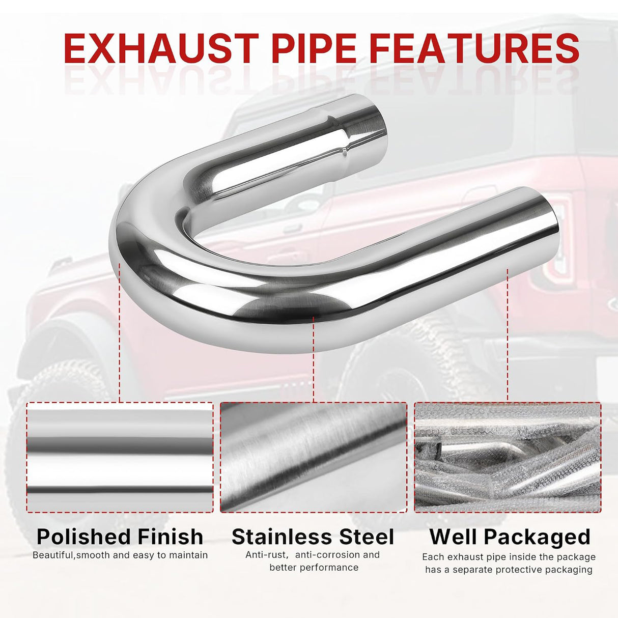 Richeer 2.5" O.D. T304 Stainless Steel U Bend 180 Degree Exhaust Pipe(2PCS)