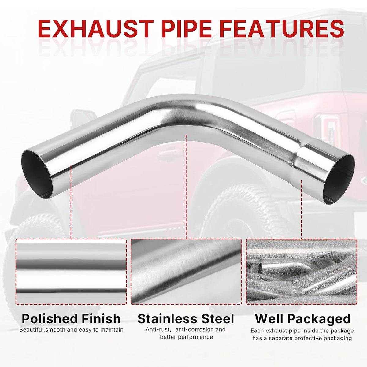 Richeer 2.5" O.D. T304 Stainless Steel Exhaust Pipe 90 Degree Elbow (2PCS)