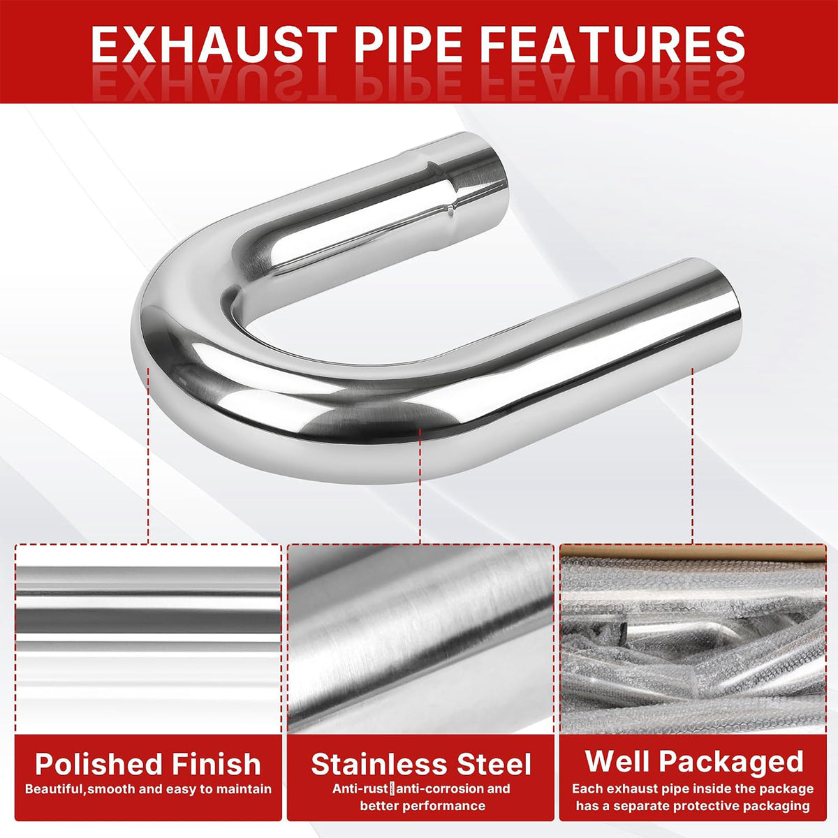 Richeer 2.5 inch O.D. Stainless Steel U Bend 180 Degree Exhaust Pipe (2PCS)