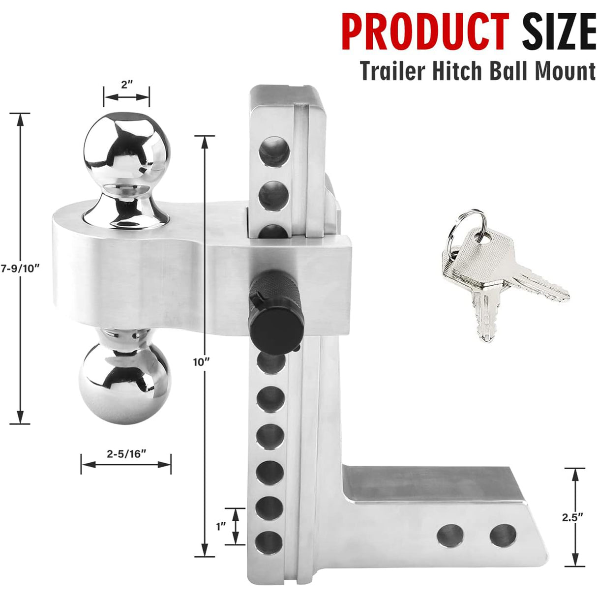 Richeer Aluminum Adjustable Trailer Hitch, Fits 2.5" Receiver, 10" Drop/Rise, 18500 LBS GTW, Dual Towing Ball with Double Locks
