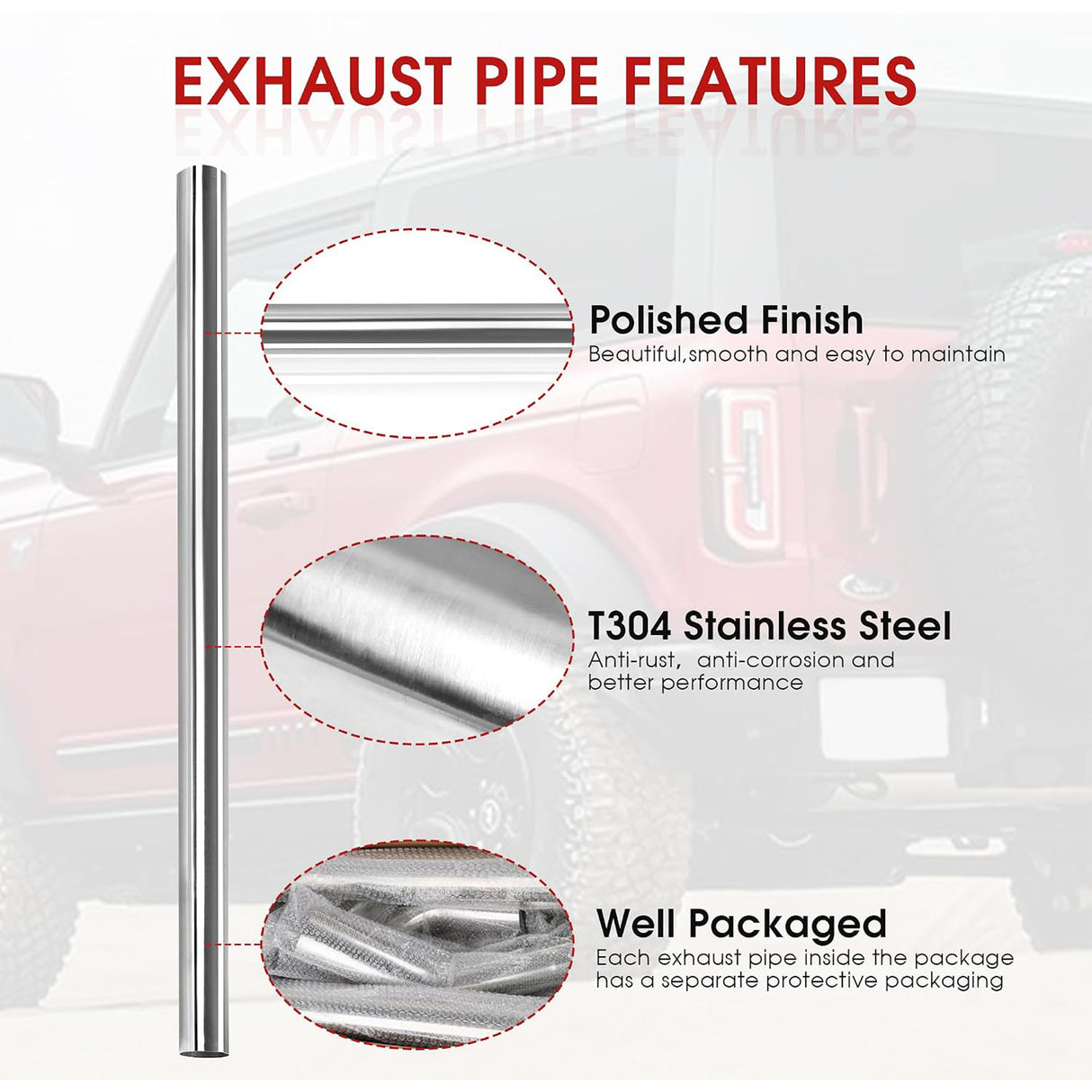 Richeer 2.5 Inch O.D. T304 Stainless Steel Straight Exhaust Pipe (2PCS)