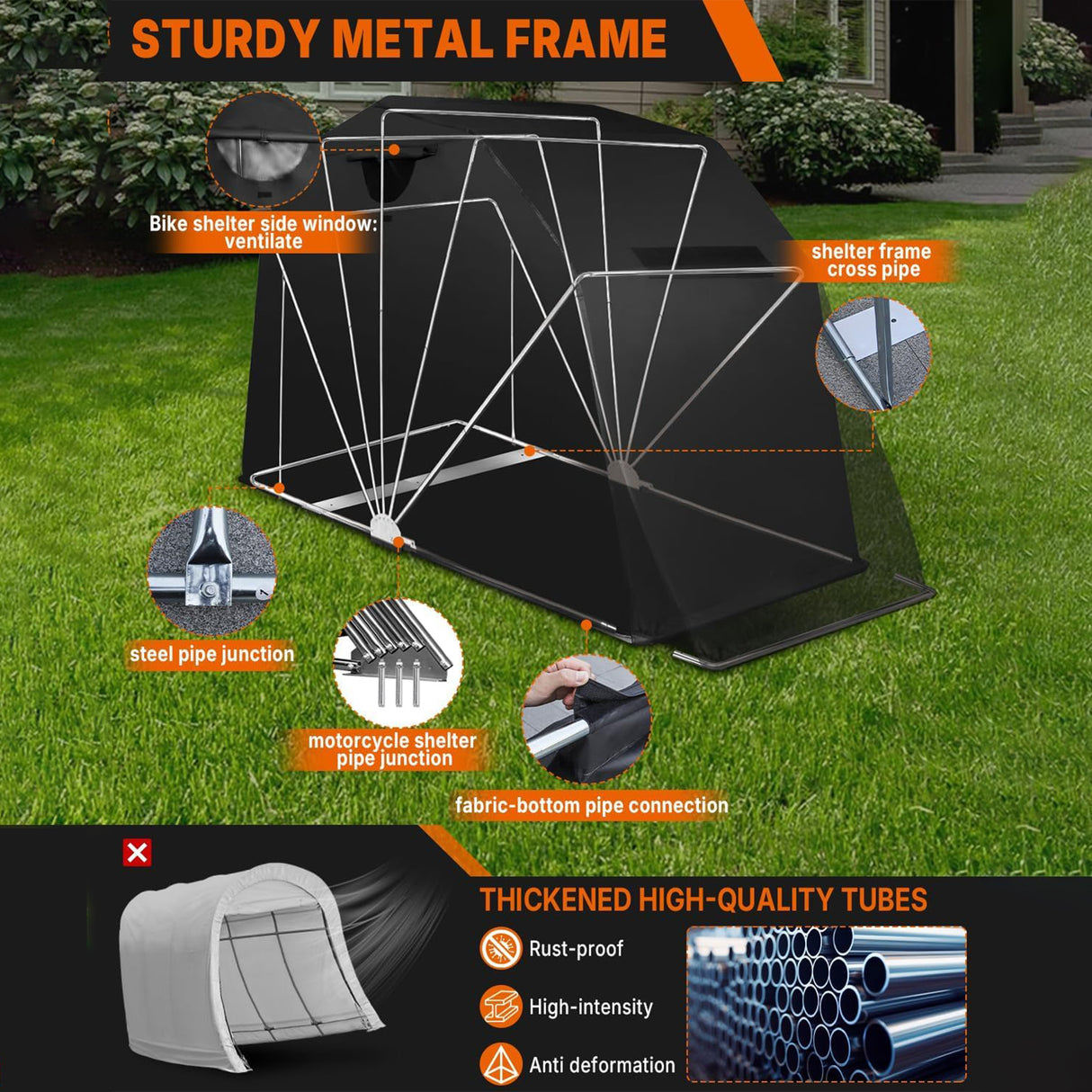 Richeer Heavy‑Duty Foldable Mo torcycle Shelter– 136"x54" x75" 600D Oxford fabric, Anti‑Rust Steel Poles, Double‑Triangle Windproof Design, Fits storing motorcycles, scooters, bicycles, electric bikes