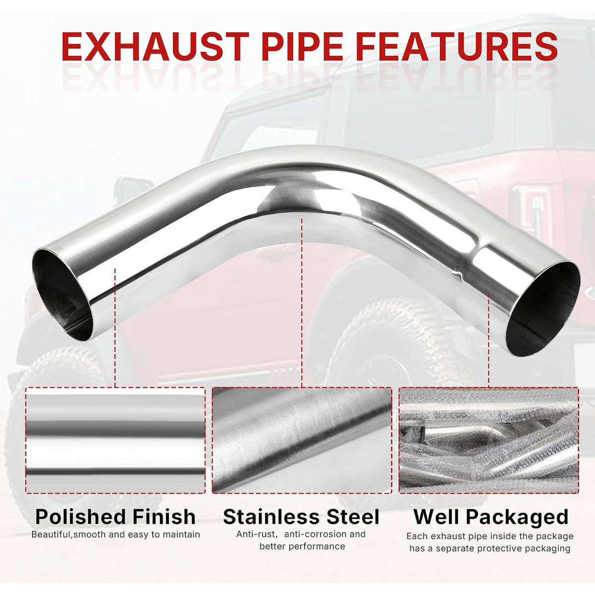 Richeer 3" O.D. T304 Stainless Steel Exhaust Pipe 90 Degree Elbow (2PCS)