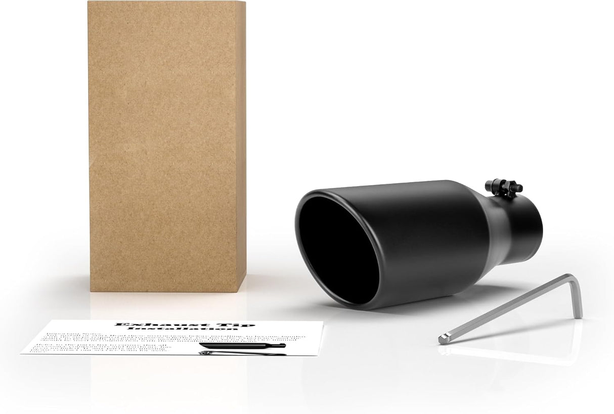 Richeer 3" Inlet Black Exhaust Tip, 5" Outlet, 12" Length, Universal for Vehicles with 3" O.D.Tailpipe, Rolled Edge, Bolt on