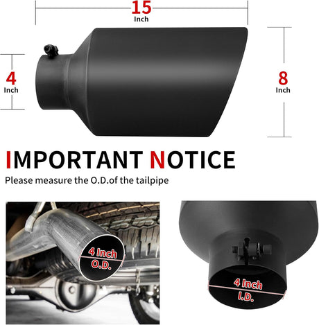 Richeer 4" Inlet Exhaust Tip 8" Outlet 15" Length, Black Powder Coated Stainless Steel