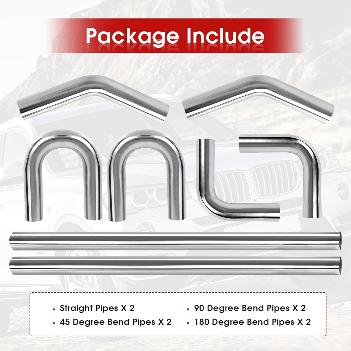 Richeer 2.5" O.D. T304 Stainless Steel DIY Custom Exhaust Tubing, Universal Fit (Set of 8)