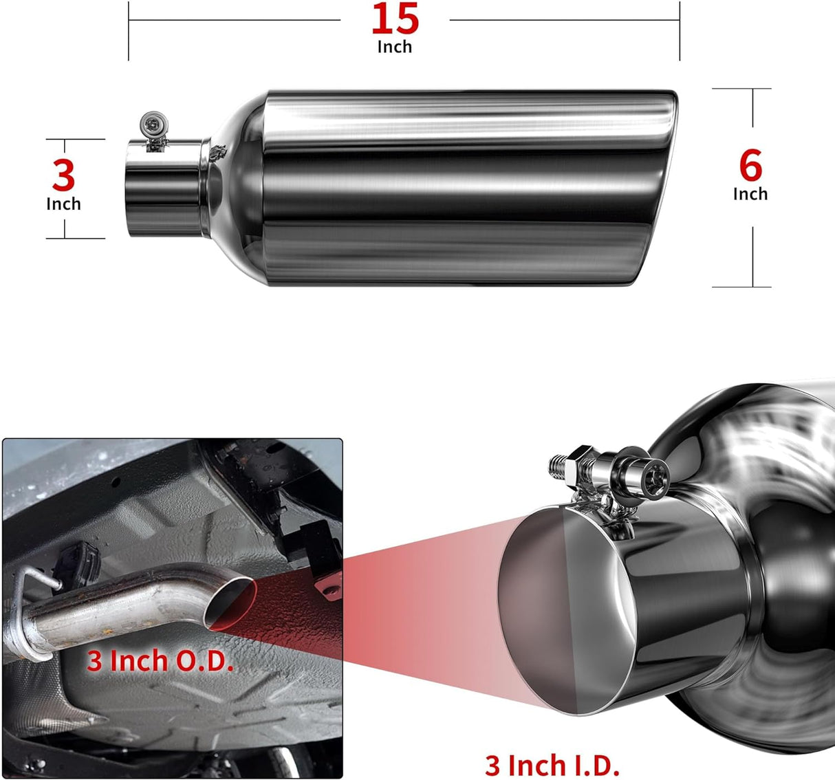 Richeer 3" Inlet to 6" Outlet Exhaust Tip, 15" Length, Polished Stainless Steel