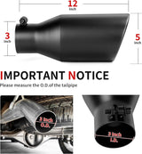 Richeer 3" Inlet Black Exhaust Tip, 5" Outlet, 12" Length, Universal for Vehicles with 3" O.D.Tailpipe, Rolled Edge, Bolt on
